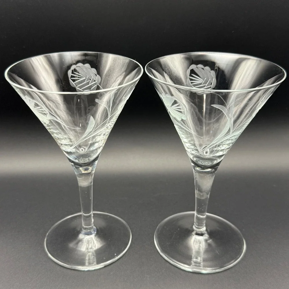 Vintage‎ Set 2 Etched Floral Martini Glasses Clear Glass Frosted Flower Stemware